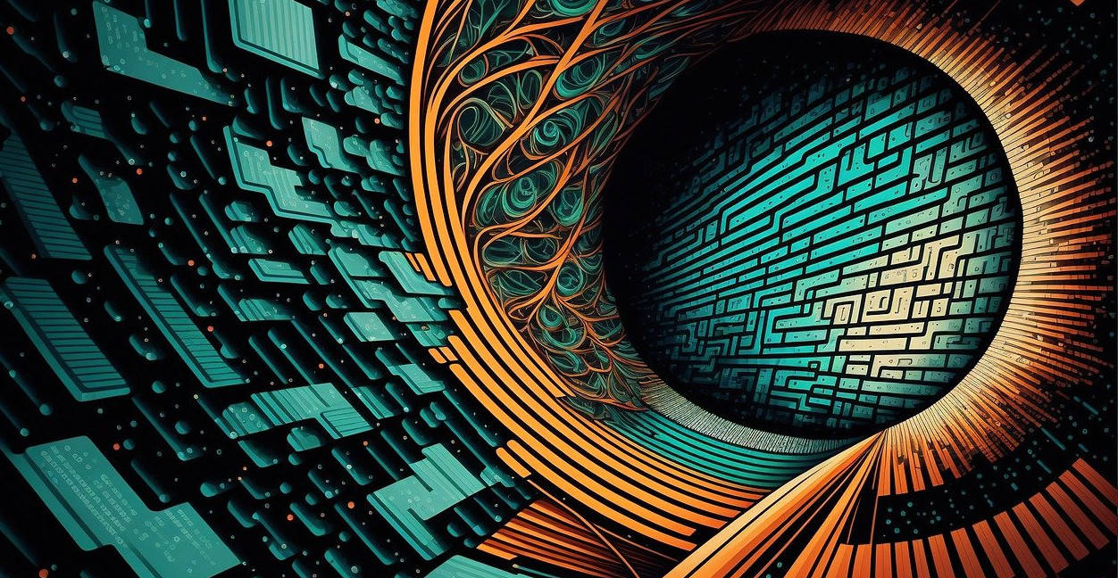 A cybernetic tunnel trails off into the distance